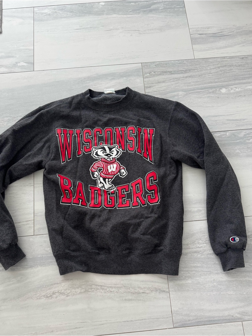 Champion Black Charcoal Wisconsin Badgers Crewneck Sweatshirt with Red Logo